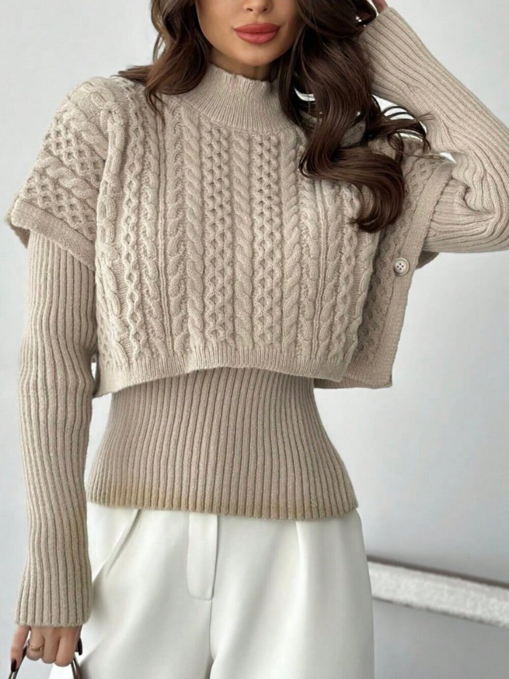 Khaki Elegant Casual Women's Long Sleeve Crew Neck Sweater 2-in-1